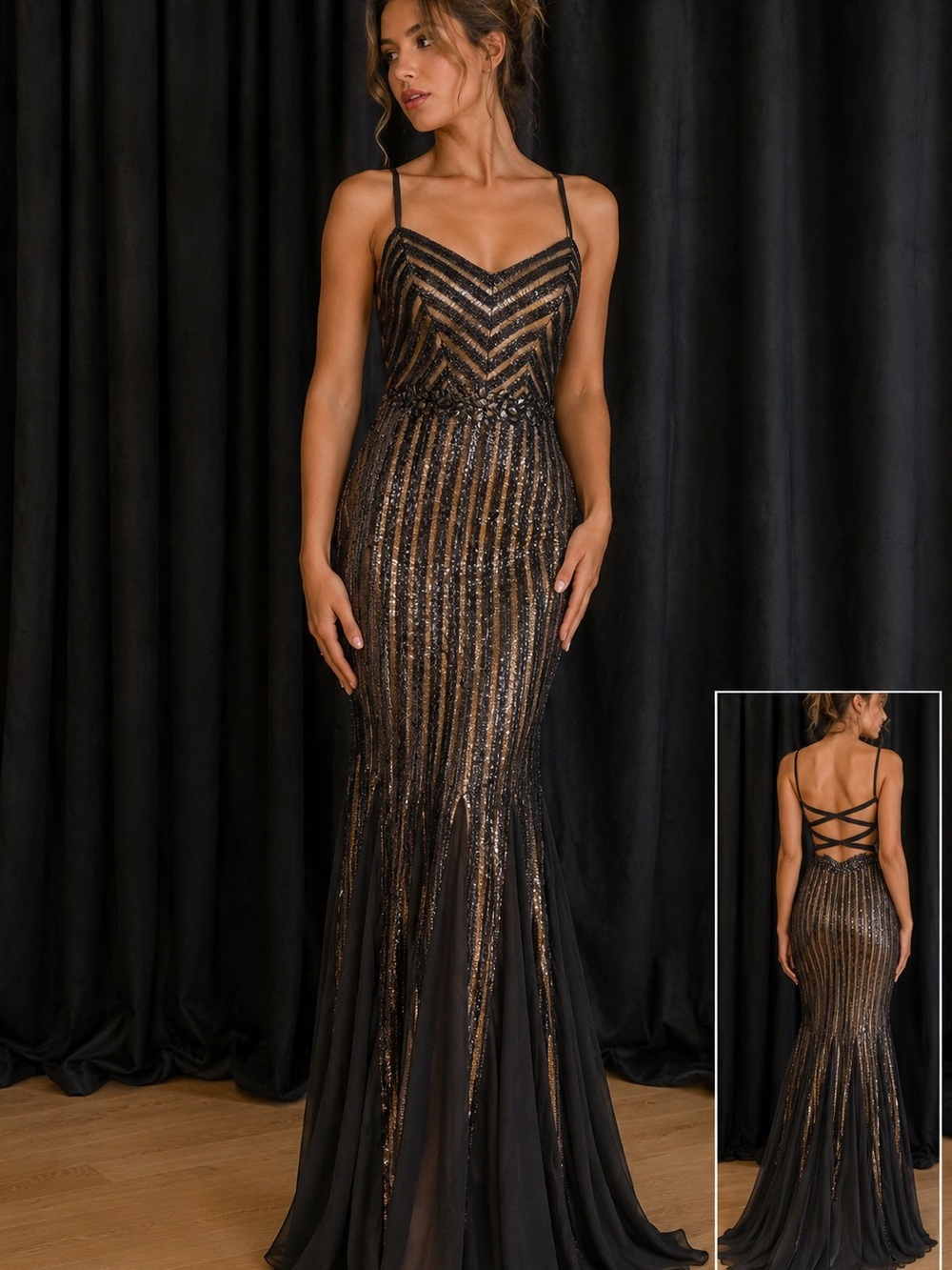 Boutique LM BY Mignon Black and Gold Sequin Strappy Back Evening Gown